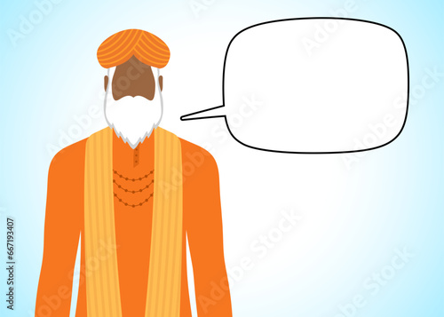 Hindu religious leader with empty speech bubble, vector illustration.