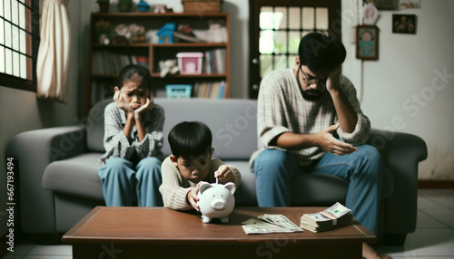 Asian Child Putting a Coin tp Piggy Bank, his Worried Parent Father sitting on a sofa. Financial Problems, Stressed and confused, no money to pay, mortgage or loan. Debt, bankruptcy family people