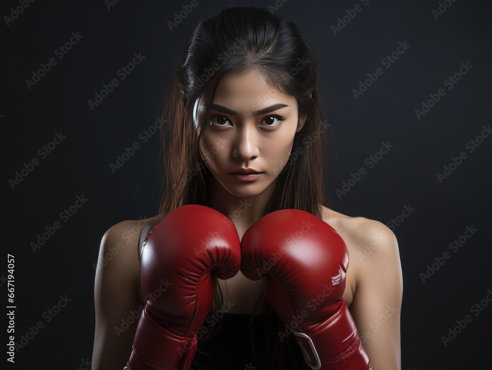 A young woman with intense gaze wears red boxing gloves, poised for action against a dark backdrop. Her hair flows gently, complementing the powerful aura she emits.