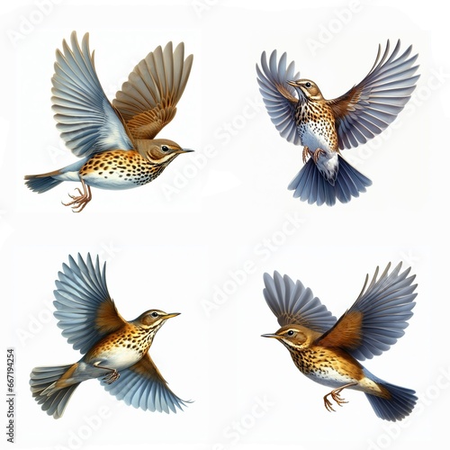 A set of male and female Swainson's Thrushs flying isolated on a white background © DLW Designs