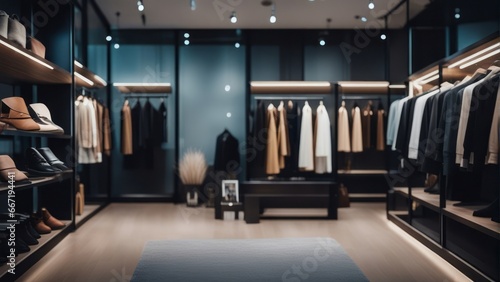 Fashion clothes in a trendy luxury boutique store  blurred background