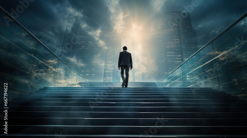A man in a suit ascends modern glass stairs leading towards illuminated skyscrapers under a dramatic cloudy sky, climbing corporate ladder concept © DigitalArt