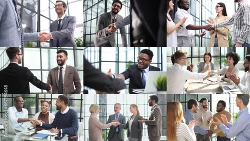 Friendly leader boss shake hand of new staff member welcoming employee on job in corporate department.
