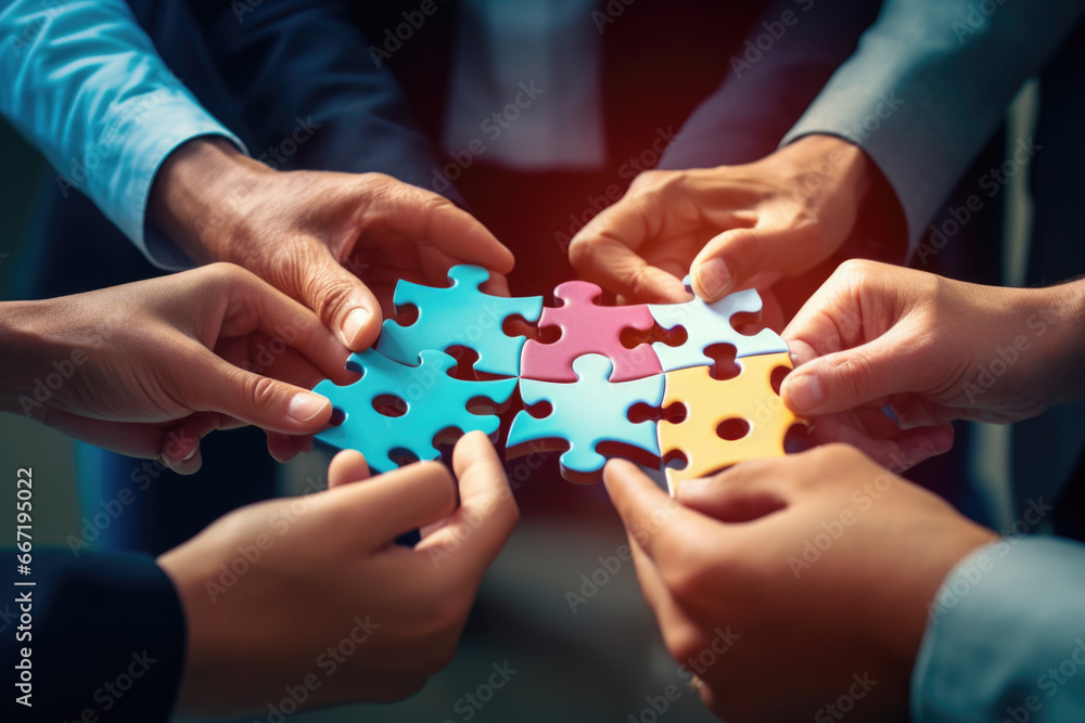 Business hands, puzzle and group of people for solution, teamwork and goals, integration and success. Team building, synergy and collaboration - obrazy, fototapety, plakaty 