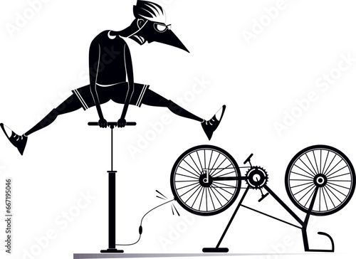 Cyclist man and a broken bicycle. 
Cyclist man inflates the wheel. Sportsperson repairs the bicycle. Cyclist inflates the wheel on the bicycle. Black and white illustration
