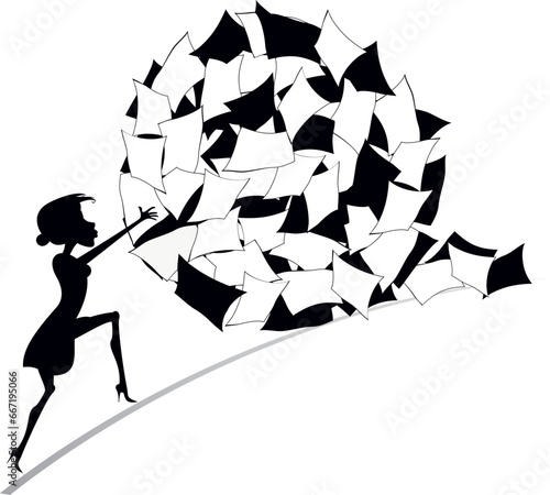 Hard working woman and pile of papers. 
Concept illustration. Woman rolls up a big ball of papers. Black and white illustration
