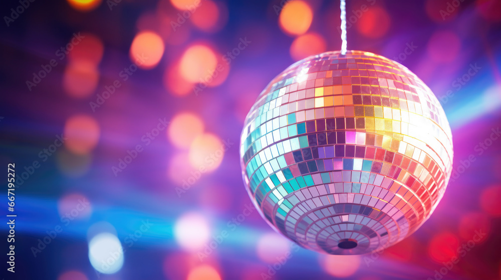 hanging disco ball with lights , pink and purple - obrazy, fototapety, plakaty 