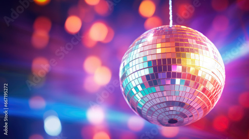 hanging disco ball with lights , pink and purple