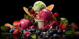 A cone of ice cream with blueberries and strawberries on top Creative concept of flying ice cream ice cream in the air with flying strawberries raspberries blueberries kiwi, generative AI


