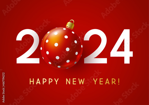 New Year concept - 2024 numbers with Christmas ball on red background  for winter holidays design