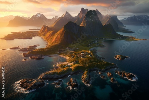 Aerial view of Sakrisøya island with mountainous backdrop during sunrise in Lofoten Islands, Norway. Generative AI