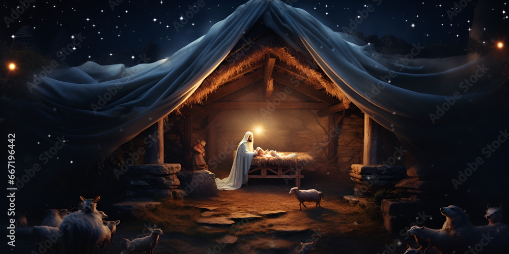Christmas scene with virgin mary in christmas crib with baby jesus mary and joseph in the barn Starry sky above a nativity scene with sheep and a manger generative ai
 - obrazy, fototapety, plakaty 