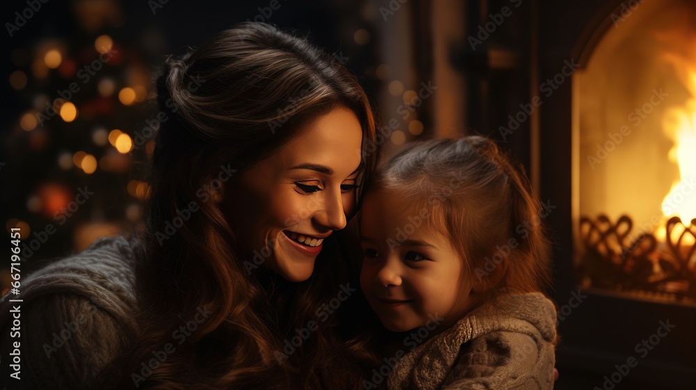 A joyous moment between a mother and daughter by a warm fireplace and a beautifully decorated Christmas tree in the background. A joyous moment between a mother and daughter by a warm fireplace and a beautifully decorated Christmas tree in the background.