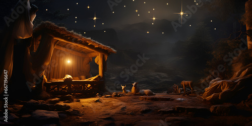 Christian christmas concept birth of jesus christ abstract religion Starry sky above a nativity scene with sheep and a manger generative ai