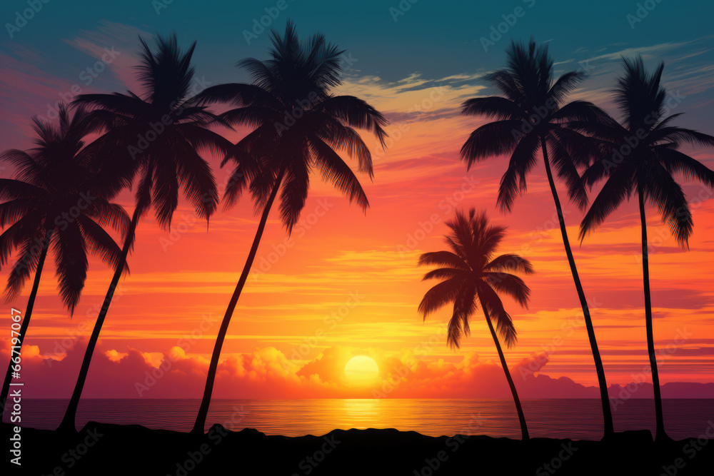 Colorful sunset over a palm trees silhouette in a beautiful natural tropical environment