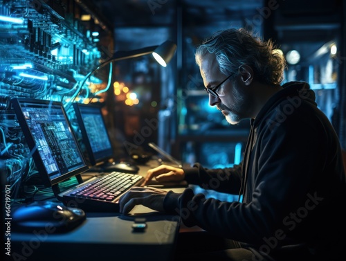 A man with glasses intently works at a computer station, surrounded by glowing tech equipment.