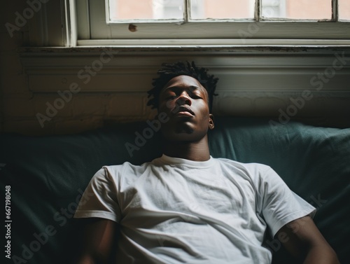 A young man with short dreadlocks lies resting on a couch under a window, bathed in soft natural light.