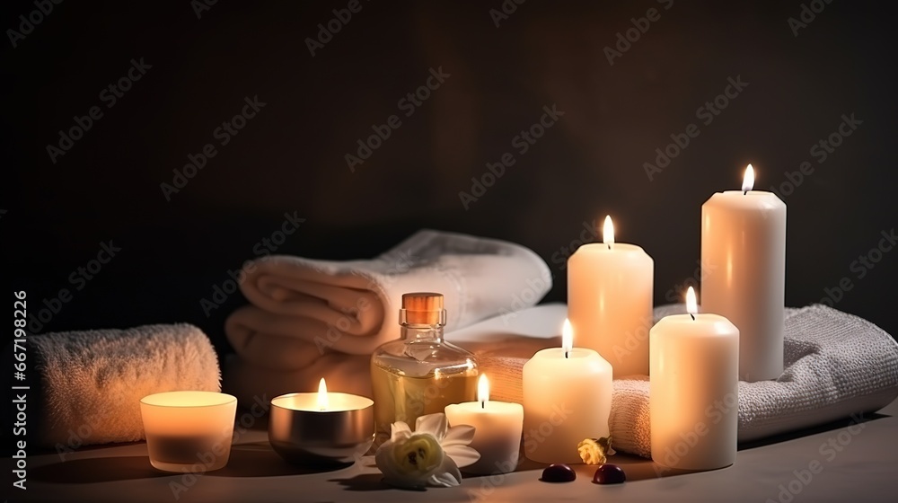 Wellness und Spa Oase zu Hause. Romantisch mit Kerzen, duftenden Öl, Badesalz und weichen Badetüchern. Entspannung und wohltuende Körperpflege im Wellnessbereich. - obrazy, fototapety, plakaty 
