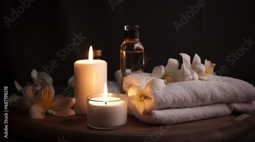 Wellness und Spa Oase zu Hause. Romantisch mit Kerzen, duftenden Öl, Badesalz und weichen Badetüchern. Entspannung und wohltuende Körperpflege im Wellnessbereich.