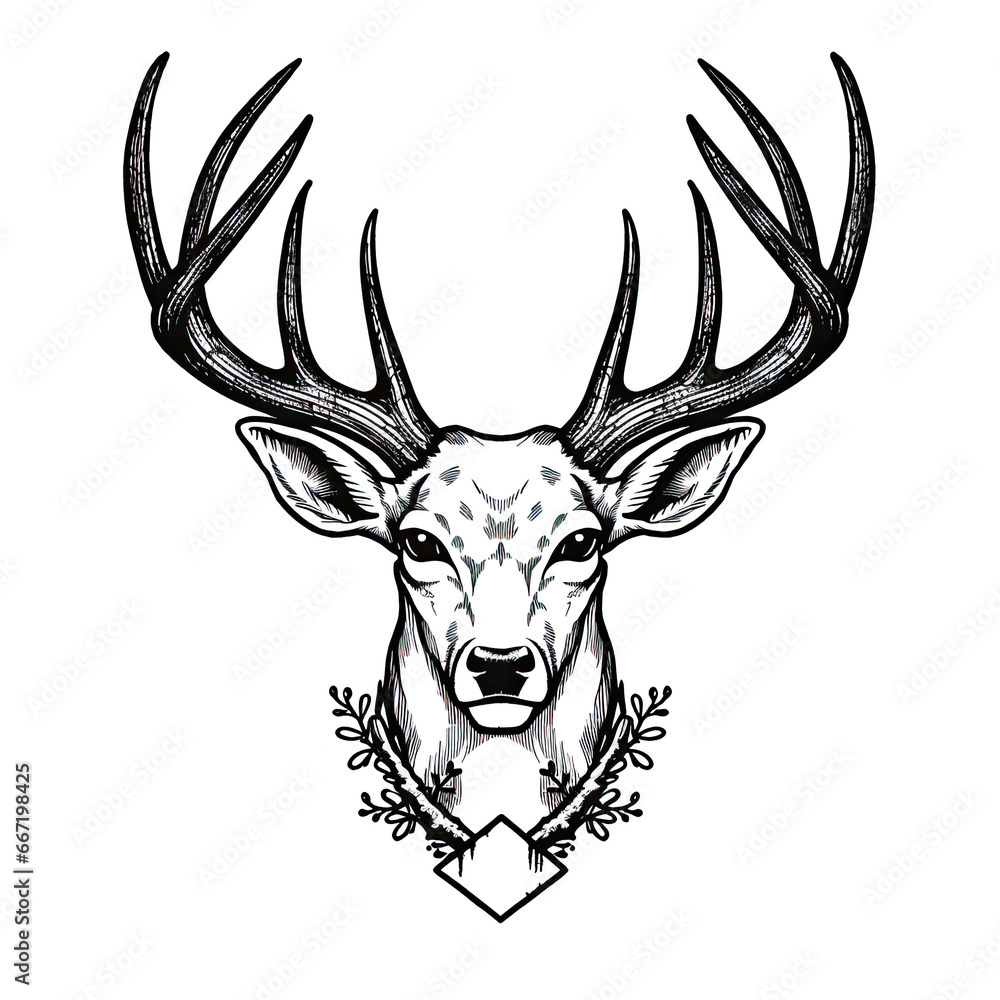 a drawing of a deer head in black and white. Tattoo idea for wildlife