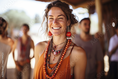 Portrait of happy and smiling yoga teacher in yoga retreat on Ibiza island