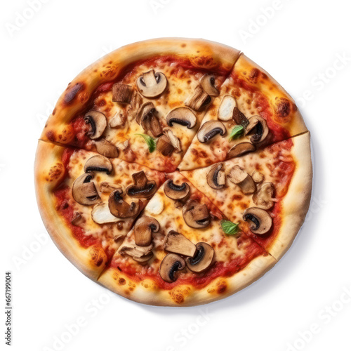 Delicious Funghi pizza with mushrooms, top view, isolated on white as a cut-out PNG with shadow.