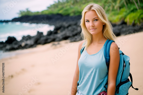 Young blonde woman enjoying vacation in a tropical destination. Backpacing at the beach