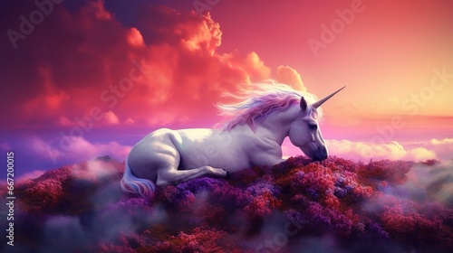 Einhorn in einer Fantasielandschaft in einer Märchenwelt. Pferd mit pinker Mähne und einem Horn auf der Stirn.