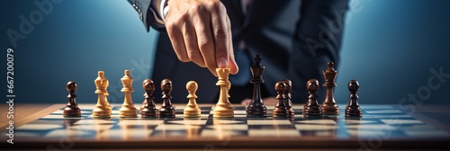 Businessman moving chess piece on chess board game. Banner