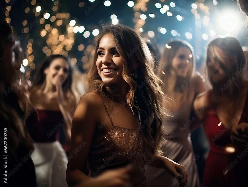 Group of young women enjoy dancing at party during holidays