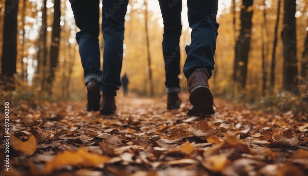 Group of tourists walks along the path of the autumn forest. Feet close-up Group of tourists walks along the path of the autumn forest. Feet close-up