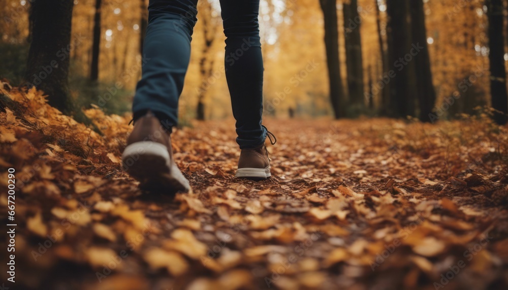Group of tourists walks along the path of the autumn forest. Feet close-up Group of tourists walks along the path of the autumn forest. Feet close-up
