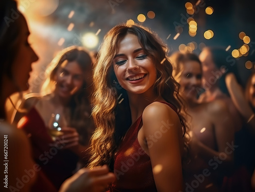 Group of young women enjoy dancing at party during holidays