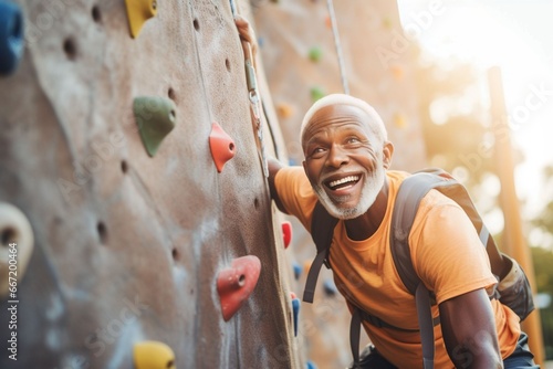 African old sportsman exercises climbing on climbing wall