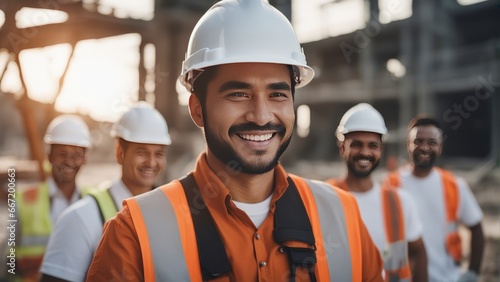 appy of team construction worker working at construction site. Man smiling with workers