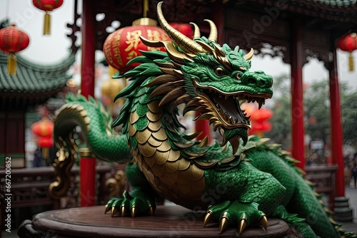 Vibrant green wooden dragon, adorned with intricate patterns and symbols, representing strength and power. Chinese New Year celebrations