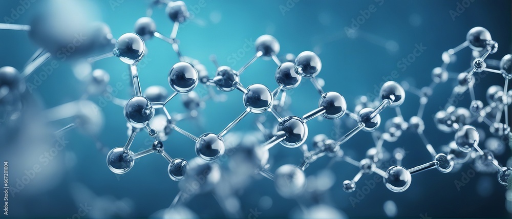 yaluronic acid molecules. Hydrated chemicals, molecular structure and blue spherical molecule - obrazy, fototapety, plakaty 