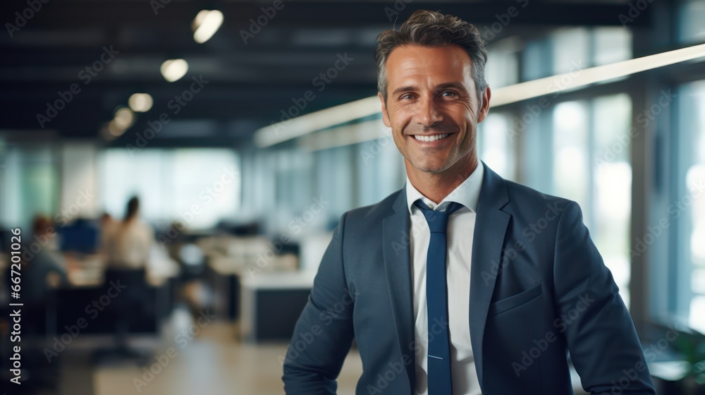 Portrait of attractive confident businessman looking at camera in the office. CEO manager photo in the office with a blurred background Portrait of attractive confident businessman looking at camera in the office. CEO manager photo in the office with a blurred background
