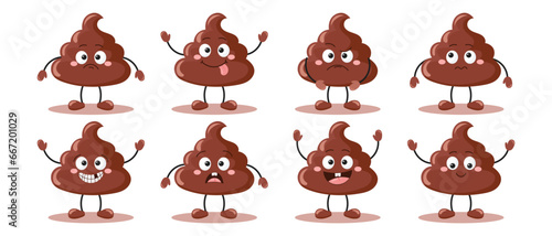 Set of cute poop icon characters on white background. Different emotions of brown poop. Smiling poop, anger, bewilderment, joy, disappointment. Vector