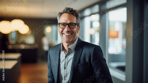 Portrait of attractive confident businessman looking at camera in the office. CEO manager photo in the office with a blurred background