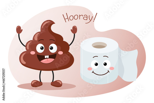 Cute cartoon icons of poop and toilet paper roll on a white background. Smiling poop and toilet paper characters. Vector
