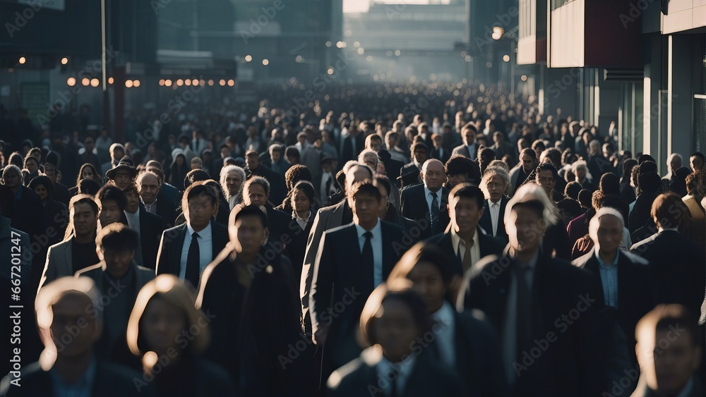 Large crowd of people commuting to work in the morning