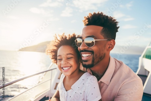 African child girl traveling on a cruise ship with their father enjoying the beautiful sunny atmosphere on board photo
