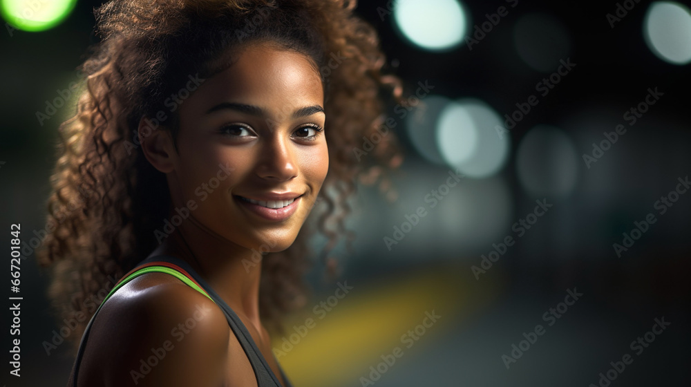 Young black woman with curly hair smiles in well-lit subway station, radiating happiness and positivity. Young black woman with curly hair smiles in well-lit subway station, radiating happiness and positivity.