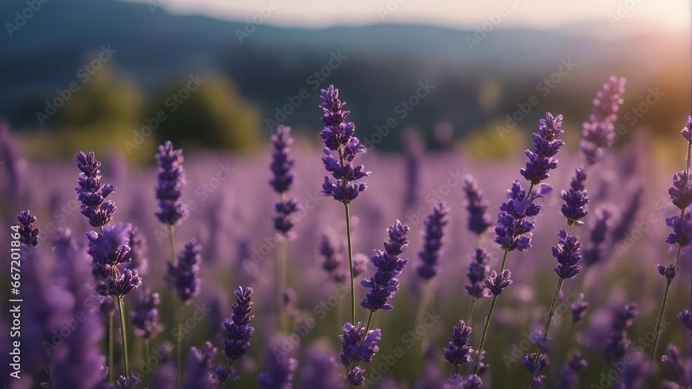 Lavender. Blooming fragrant lavender flowers on a field, closeup. Violet background of growing laven