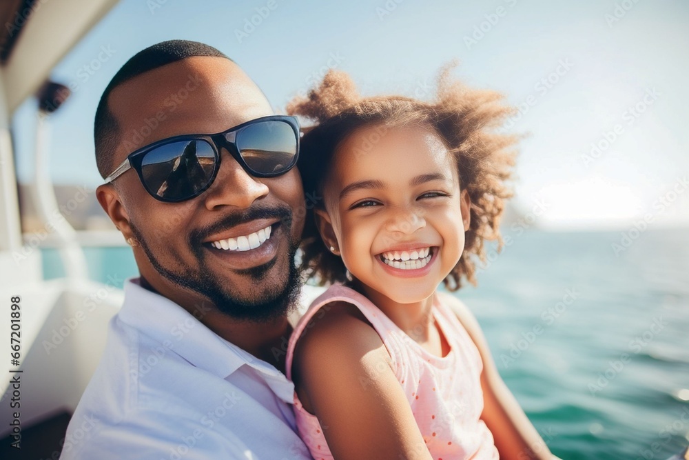 African child girl traveling on a cruise ship with their father enjoying the beautiful sunny atmosphere on board African child girl traveling on a cruise ship with their father enjoying the beautiful sunny atmosphere on board