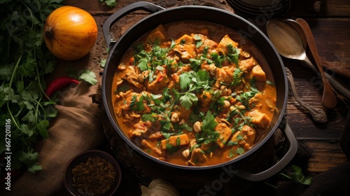 food photography African peanut stew with chicken and sweet potatoes, copy space, 16:9 photo