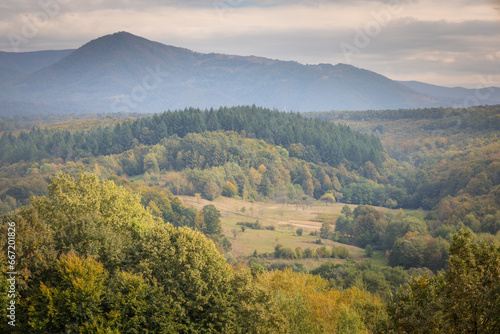 Different perspectives of Saliste de Beius village located in Bihor County, Romania in autumn. View scene to Magura Fericii Peak