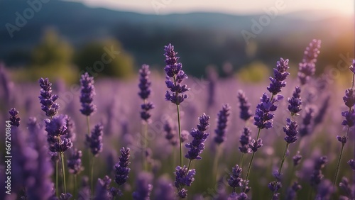 Lavender. Blooming fragrant lavender flowers on a field  closeup. Violet background of growing laven