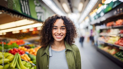 Young, smiling African-American woman enjoys fresh produce section at a well-stocked grocery store, exuding positivity.